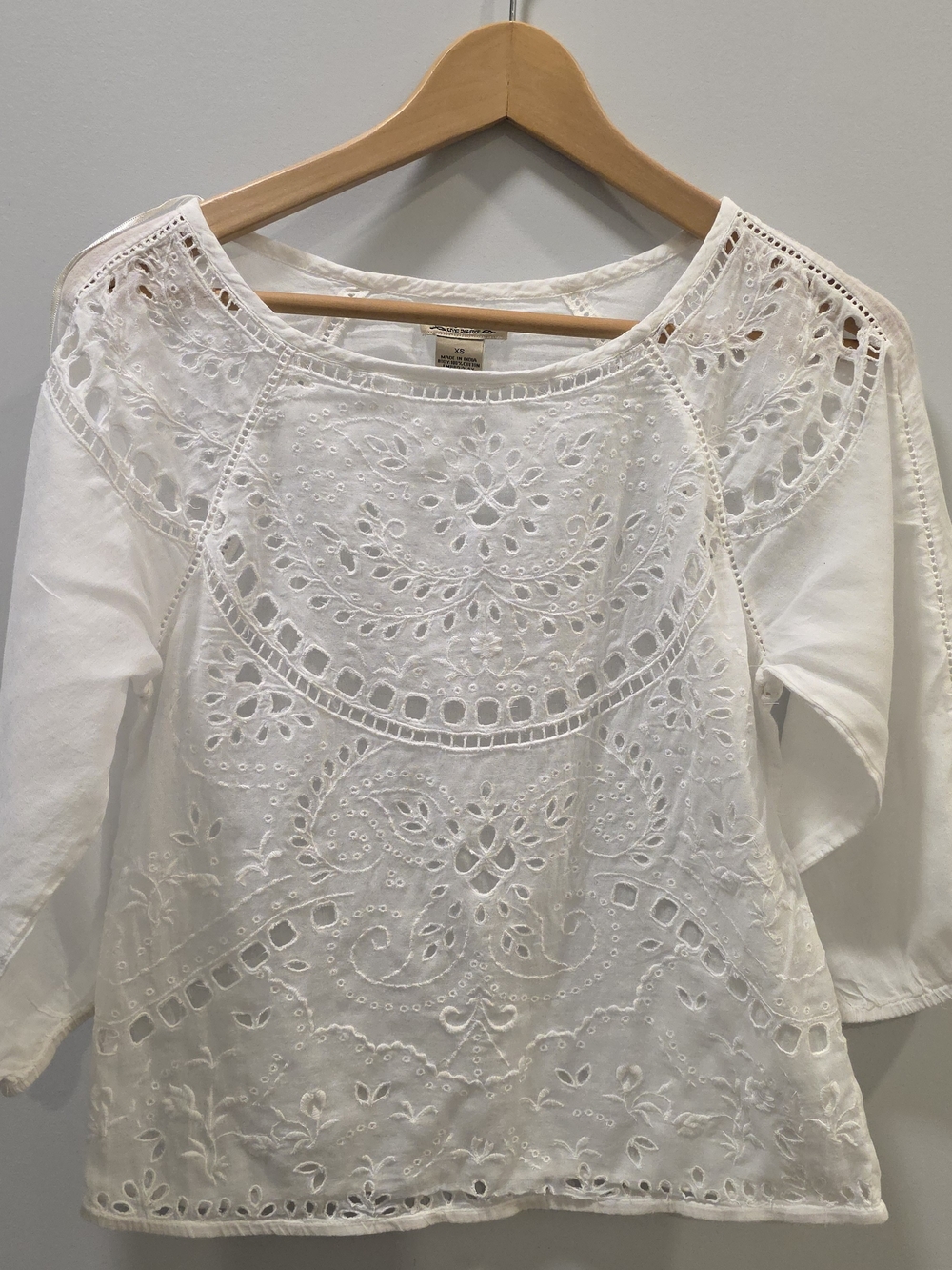 Lucky Brand White Eyelet Embroidered Cotton Blouse XS Boho 3/4 Sleeve